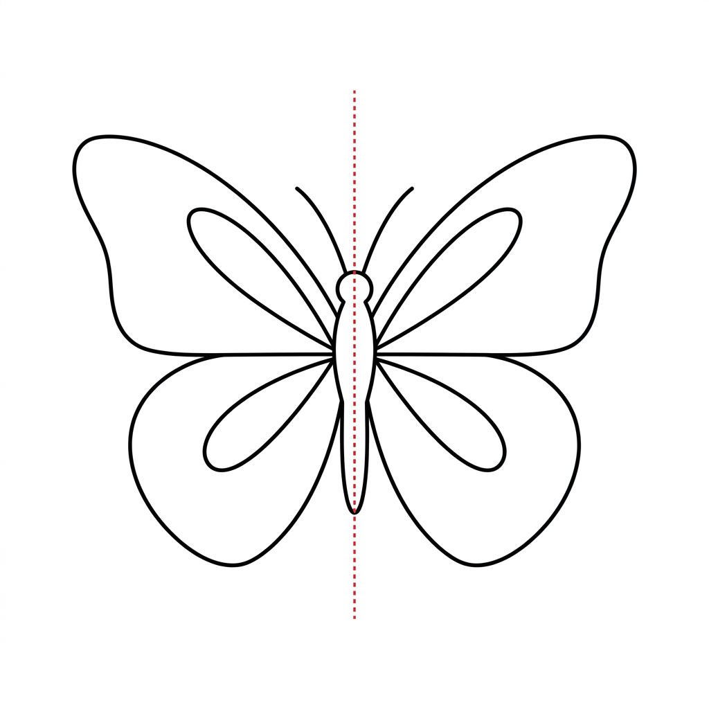Illustration pédagogique pour un cours de maths, niveau 6e (début du collège, ~11 ans). Style : manuel scolaire, traits nets, fond clair de préférence. N'AJOUTE PAS de texte, de chiffres, de lettres ou de symboles dans l'image (aucune légende, aucune opération, aucun titre), à part si on te le demande clairement. N'ajoute pas d'objets, de personnages ou de décor qui ne sont pas mentionnés. Si un nombre d'objets est indiqué, dessine EXACTEMENT ce nombre (pas plus, pas moins). Tu dois représenter STRICTEMENT la scène suivante, en respectant les quantités et la disposition décrites (n'ajoute rien, n'enlève rien) : Dessin géométrique simple sur fond blanc représentant la silhouette d'un papillon vue de face avec deux ailes triangulaires symétriques de chaque côté. Une ligne verticale en pointillés fins traverse le corps du papillon exactement en son milieu.