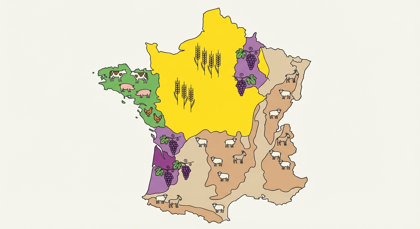 Carte schématique de la France simplifiée. Zone 1 (jaune) : Bassin parisien pour les céréales. Zone 2 (vert) : Bretagne pour l'élevage intensif. Zone 3 (violet) : Bordelais et Champagne pour les vignobles. Zone 4 (marron clair) : Massifs montagneux pour l'élevage extensif.