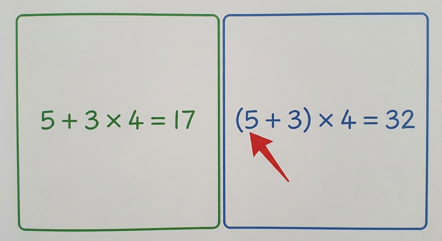 Tableau divisé en deux colonnes sur fond blanc. Colonne gauche : texte '5 + 3 × 4 = 17' en vert. Colonne droite : texte '(5 + 3) × 4 = 32' en bleu. Une flèche rouge pointe les parenthèses dans la colonne de droite.