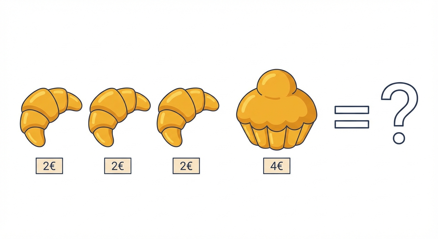 Illustration simple sur fond blanc : 3 croissants dorés alignés à gauche avec une étiquette '2€' sous chacun, et une brioche à droite avec une étiquette '4€'. Un signe égal et un point d'interrogation sont dessinés à la fin.