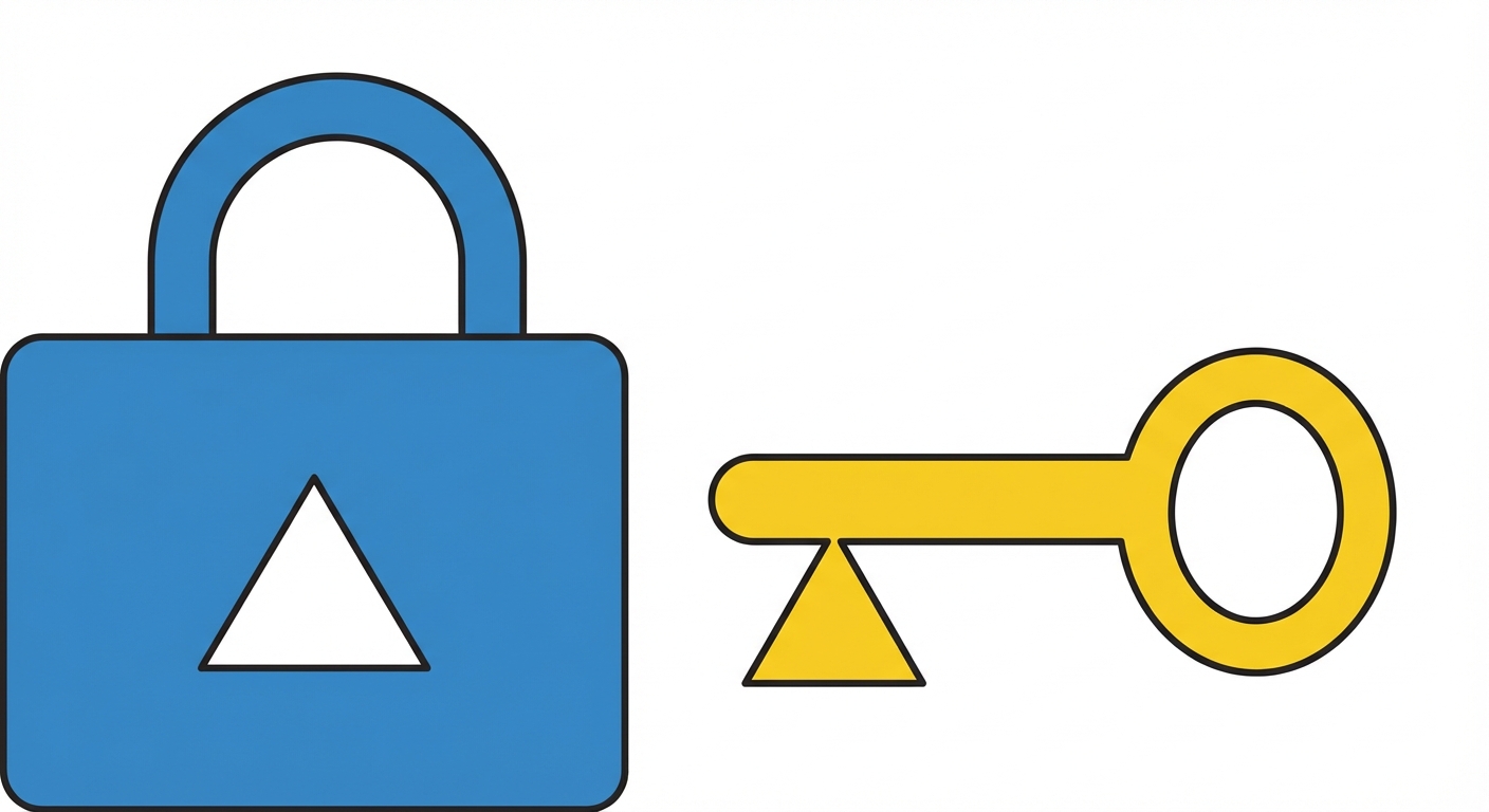 Illustration schématique simple style dessin vectoriel. À gauche, une forme bleue représentant une serrure avec un trou de forme triangulaire. À droite, une clé jaune avec un embout exactement triangulaire qui correspond au trou. Fond blanc épuré.