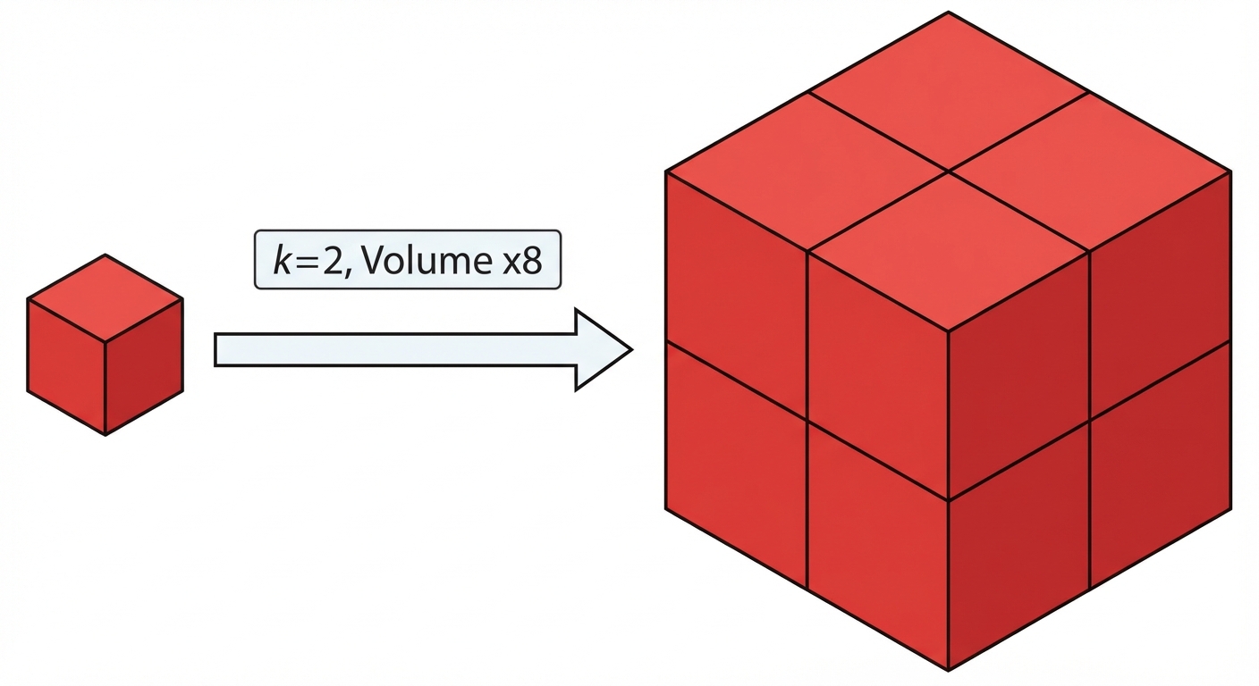 Dessin en perspective isométrique sur fond blanc. À gauche, un petit cube rouge unique (1x1x1). À droite, un grand cube rouge formé par l'empilement de 8 petits cubes rouges identiques (2x2x2). Une flèche indique le passage du petit au grand avec l'étiquette 'k=2, Volume x8'.
