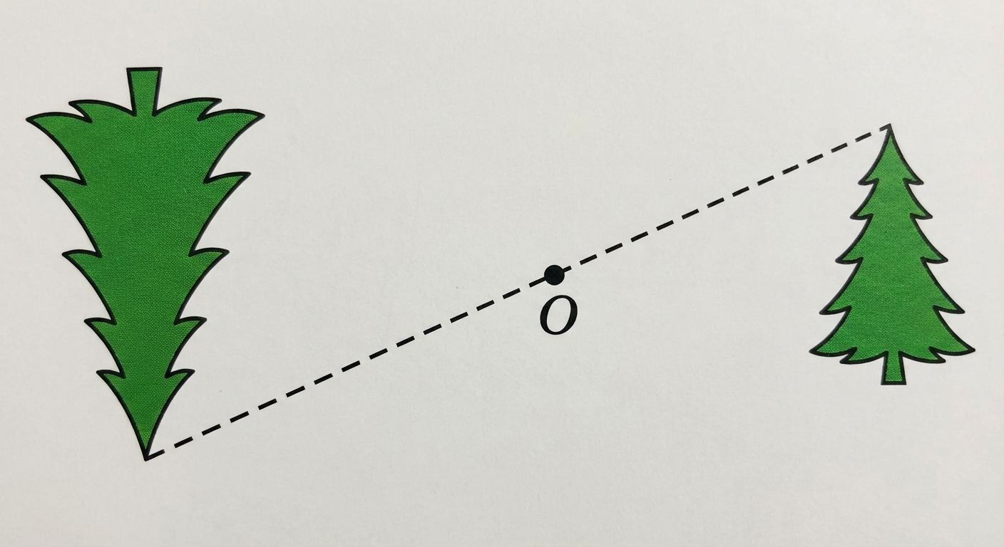 Schéma géométrique sur fond blanc. Au centre, un point noir étiqueté O. À droite de O, un petit sapin vert vertical. À gauche de O, un sapin vert deux fois plus grand mais la tête en bas. Une ligne pointillée relie la cime du petit sapin à la cime du grand sapin en passant par O.