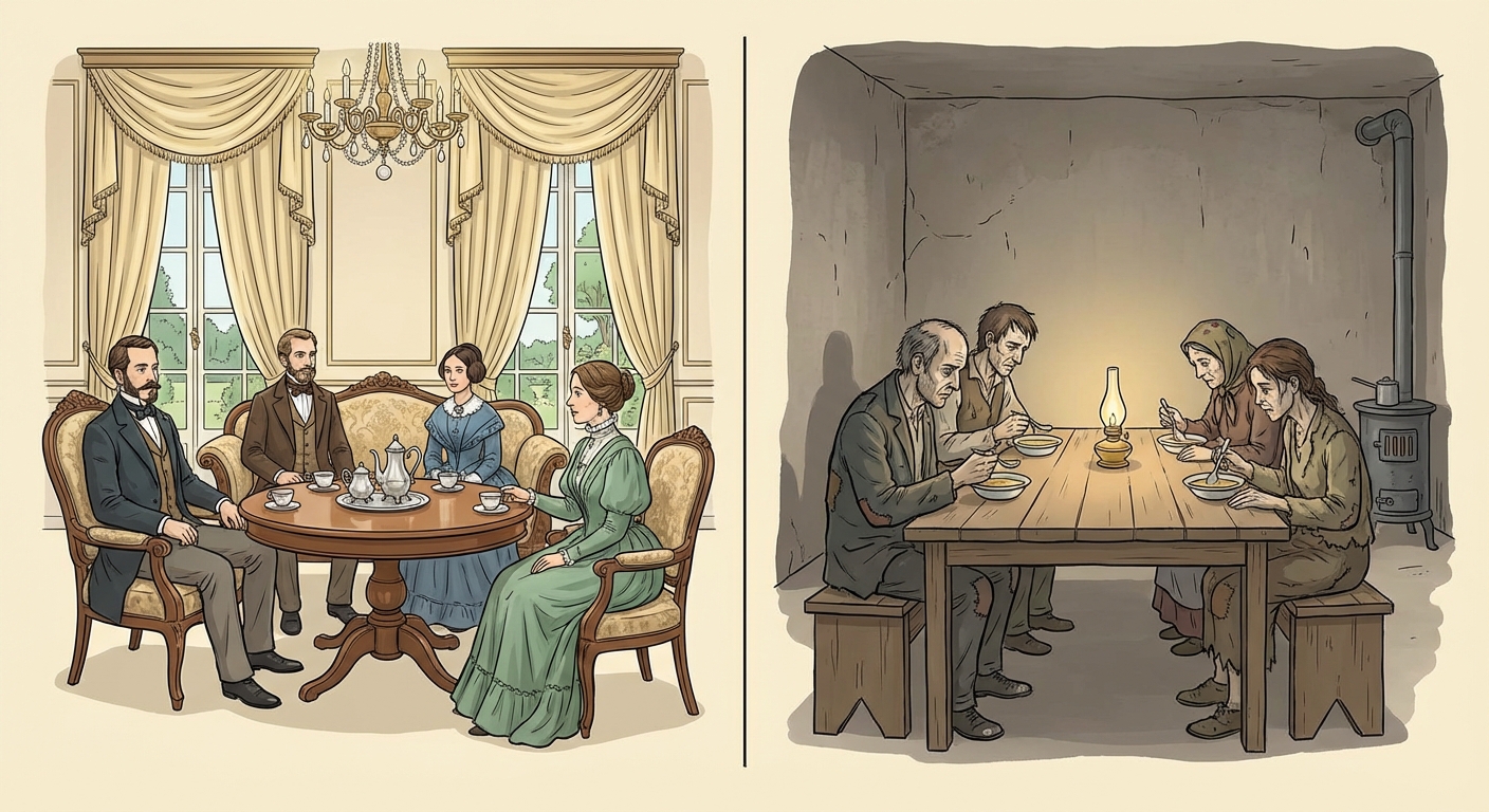 Image divisée en deux verticalement. À gauche : un salon luxueux avec une famille bourgeoise bien habillée buvant du thé. À droite : une famille ouvrière maigre dans une pièce sombre, mangeant une soupe autour d'une table en bois simple.