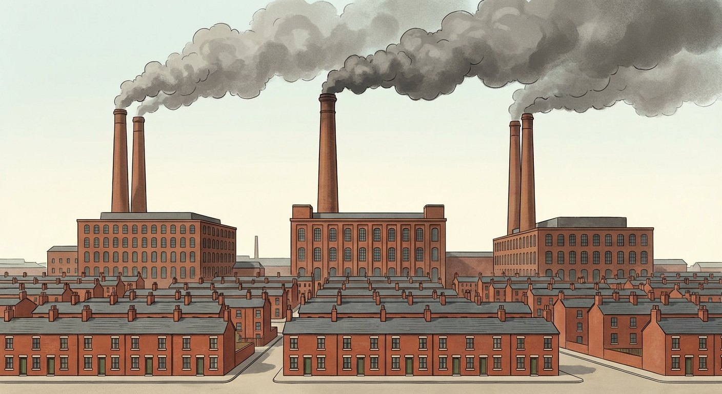 Peinture d'une ville industrielle du 19ème siècle. Au premier plan, des rangées de petites maisons en briques rouges identiques. En arrière-plan, trois grandes usines avec de très hautes cheminées crachant une épaisse fumée grise qui assombrit le ciel.