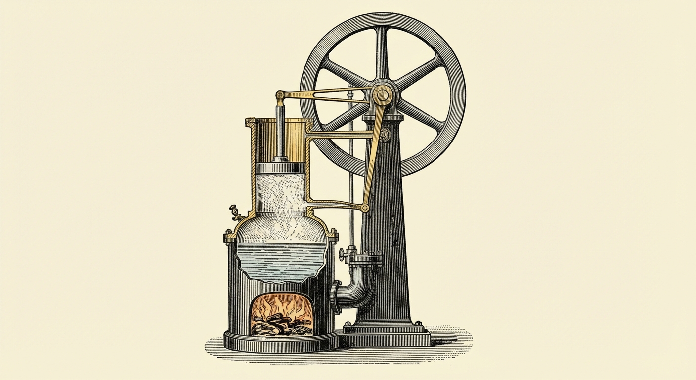 Dessin pédagogique réaliste d'une machine à vapeur du 19ème siècle en laiton et fer noir. On voit une chaudière, un piston qui monte et descend, et une grande roue qui tourne, actionnée par la vapeur.