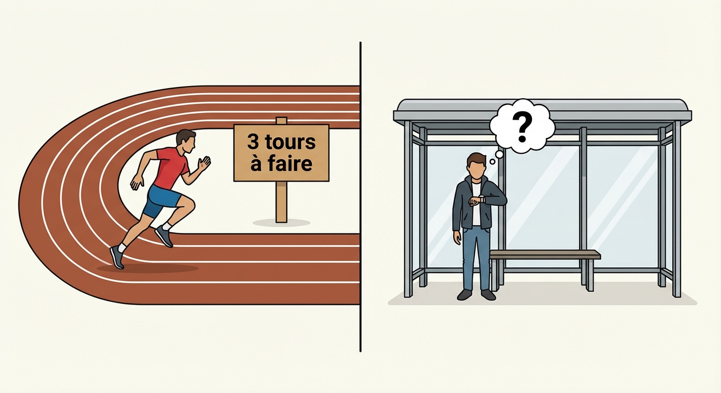 Illustration vectorielle simple divisée en deux parties. À gauche, un coureur sur une piste d'athlétisme avec un panneau '3 tours à faire'. À droite, une personne à un arrêt de bus regardant sa montre avec un point d'interrogation, attendant le bus.