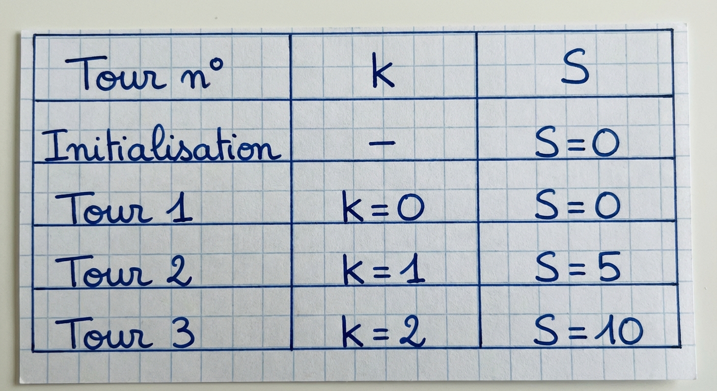 Image d'un tableau manuscrit sur une feuille à petits carreaux. 3 colonnes : 'Tour n°', 'k', 'S'. Ligne 1 : 'Initialisation', '-', 'S=0'. Ligne 2 : 'Tour 1', 'k=0', 'S=0'. Ligne 3 : 'Tour 2', 'k=1', 'S=5'. Ligne 4 : 'Tour 3', 'k=2', 'S=10'.