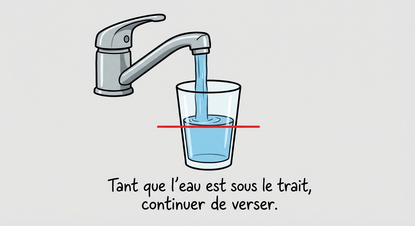 Schéma simple style cartoon. Un robinet verse de l'eau dans un verre. Une ligne rouge horizontale sur le verre indique le niveau cible. Une annotation dit : Tant que l'eau est sous le trait, continuer de verser.