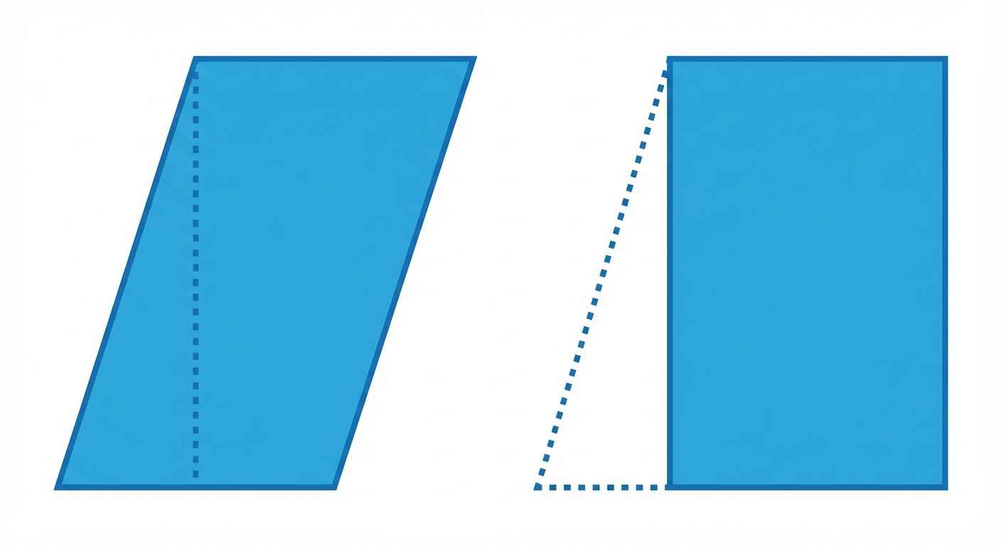 Schéma en deux étapes. Étape 1 : Un parallélogramme bleu avec une ligne pointillée verticale montrant la hauteur. Étape 2 : Le triangle découpé à gauche est déplacé à droite pour former un rectangle.