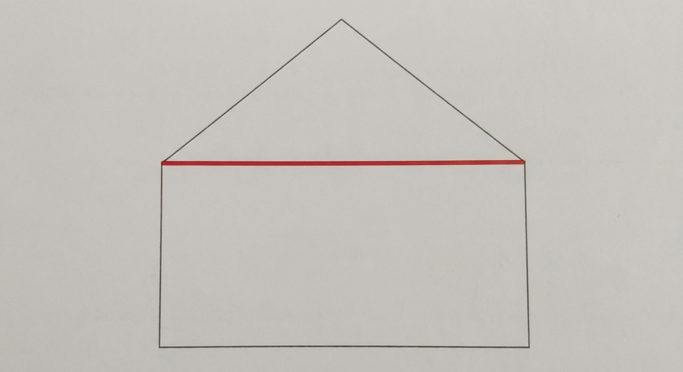 Dessin simple d'une maison (pentagone). Un trait rouge sépare le toit (triangle) des murs (rectangle).