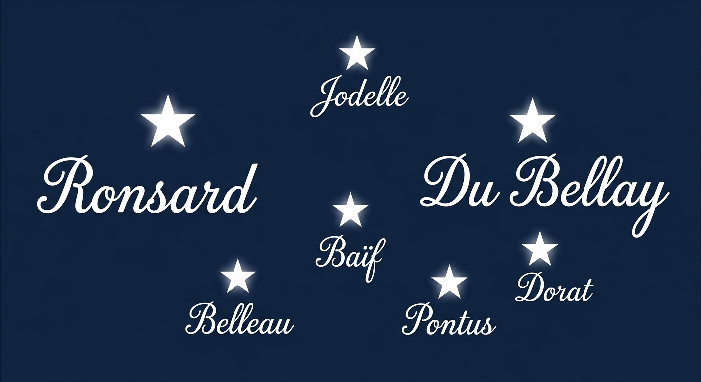 Illustration simple sur fond bleu nuit : sept étoiles brillantes disposées pour former un petit amas. Sous chaque étoile, un nom écrit en petite calligraphie blanche, seuls Ronsard et Du Bellay sont écrits plus gros.