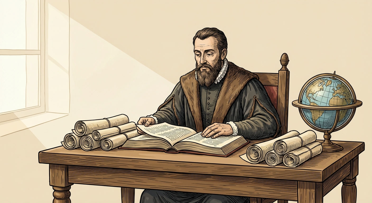 Dessin style gravure ancienne colorisée : un savant du XVIe siècle assis à un bureau en bois, lisant un grand livre ouvert. Autour de lui, une pile de parchemins et un globe terrestre posé sur le coin de la table. Lumière douce venant d'une fenêtre à gauche.