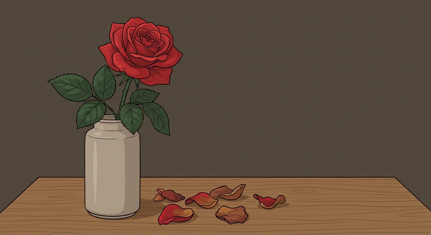 Peinture simple style nature morte : une rose rouge épanouie dans un vase à gauche, et à droite quelques pétales fanés tombés sur la table en bois. Fond neutre sombre.