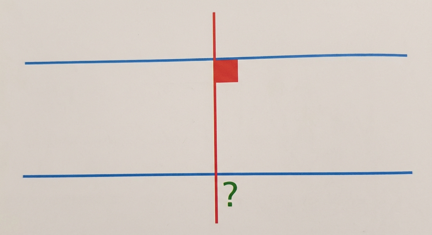 Schéma explicatif. Deux droites bleues horizontales parallèles (d1) et (d2). Une droite rouge verticale (d3) coupe les deux. Un carré rouge marque l'angle droit sur (d1). Un point d'interrogation vert ou un carré rouge en pointillé apparaît sur l'intersection avec (d2).