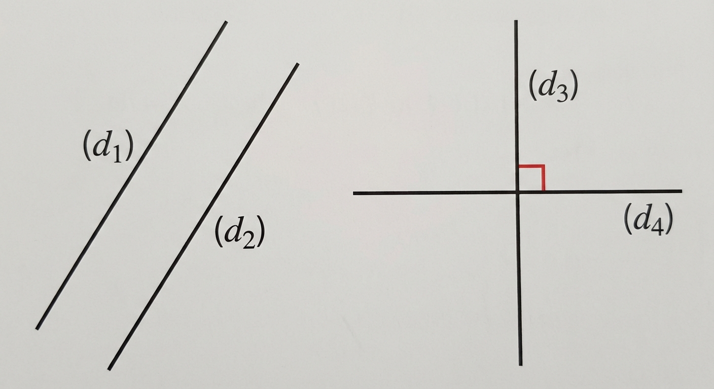 Schéma géométrique simple sur fond blanc. À gauche, deux droites noires obliques nommées (d1) et (d2) strictement parallèles. À droite, deux droites (d3) et (d4) qui se croisent perpendiculairement avec un petit carré rouge codant l'angle droit à l'intersection.