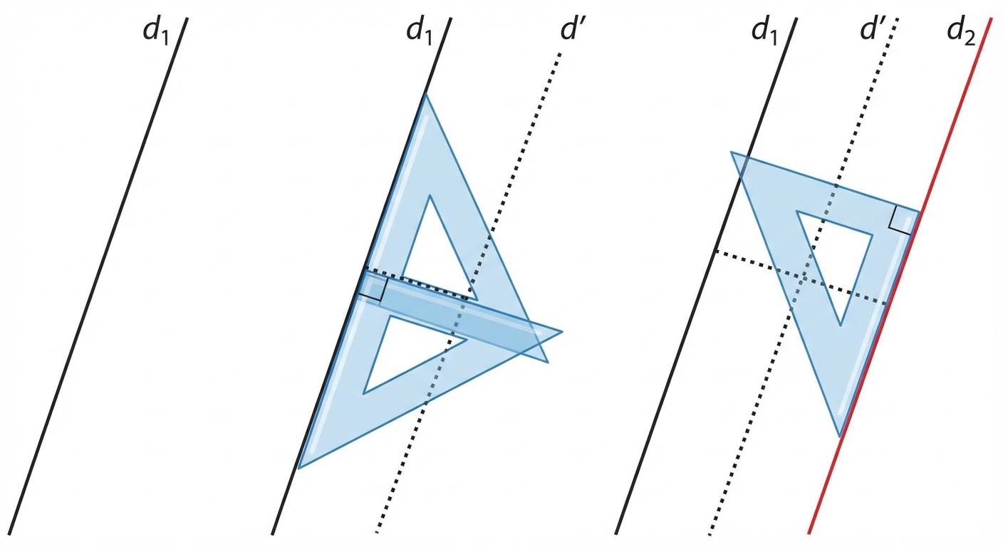 Illustration étape par étape. 1. Une droite noire (d1). 2. Une équerre trace une droite pointillée (d') perpendiculaire à (d1). 3. L'équerre est déplacée pour tracer une droite rouge (d2) perpendiculaire à la pointillée (d'). Résultat : (d1) et (d2) sont parallèles.