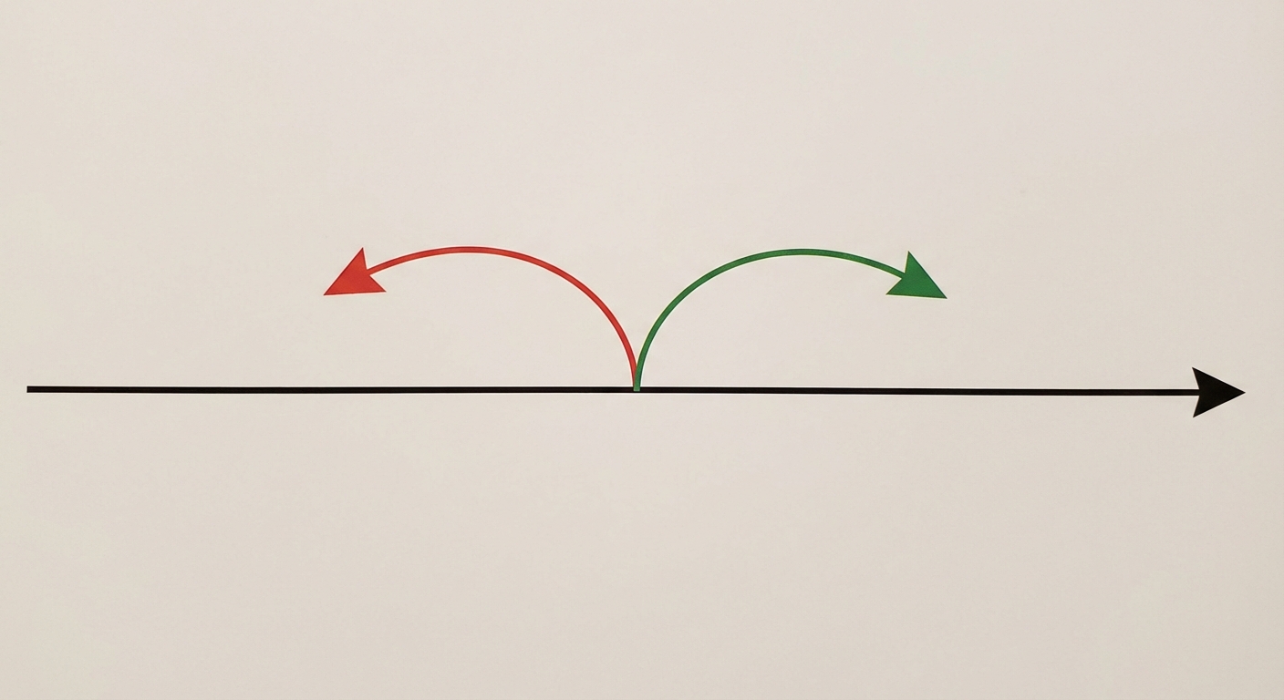 Un dessin d'une flèche horizontale noire allant de gauche à droite représentant le temps. Une flèche courbe rouge part du milieu, revient en arrière vers la gauche (Analepse). Une flèche courbe verte part du milieu et saute vers la droite (Prolepse).