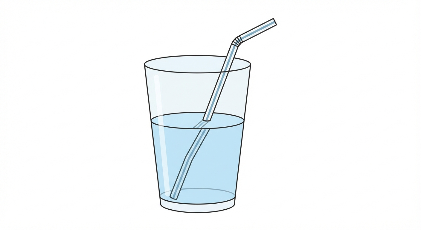 Dessin vectoriel simple sur fond blanc : un verre d'eau à moitié rempli avec une paille à l'intérieur. La paille semble brisée ou décalée à la surface de l'eau (réfraction).
