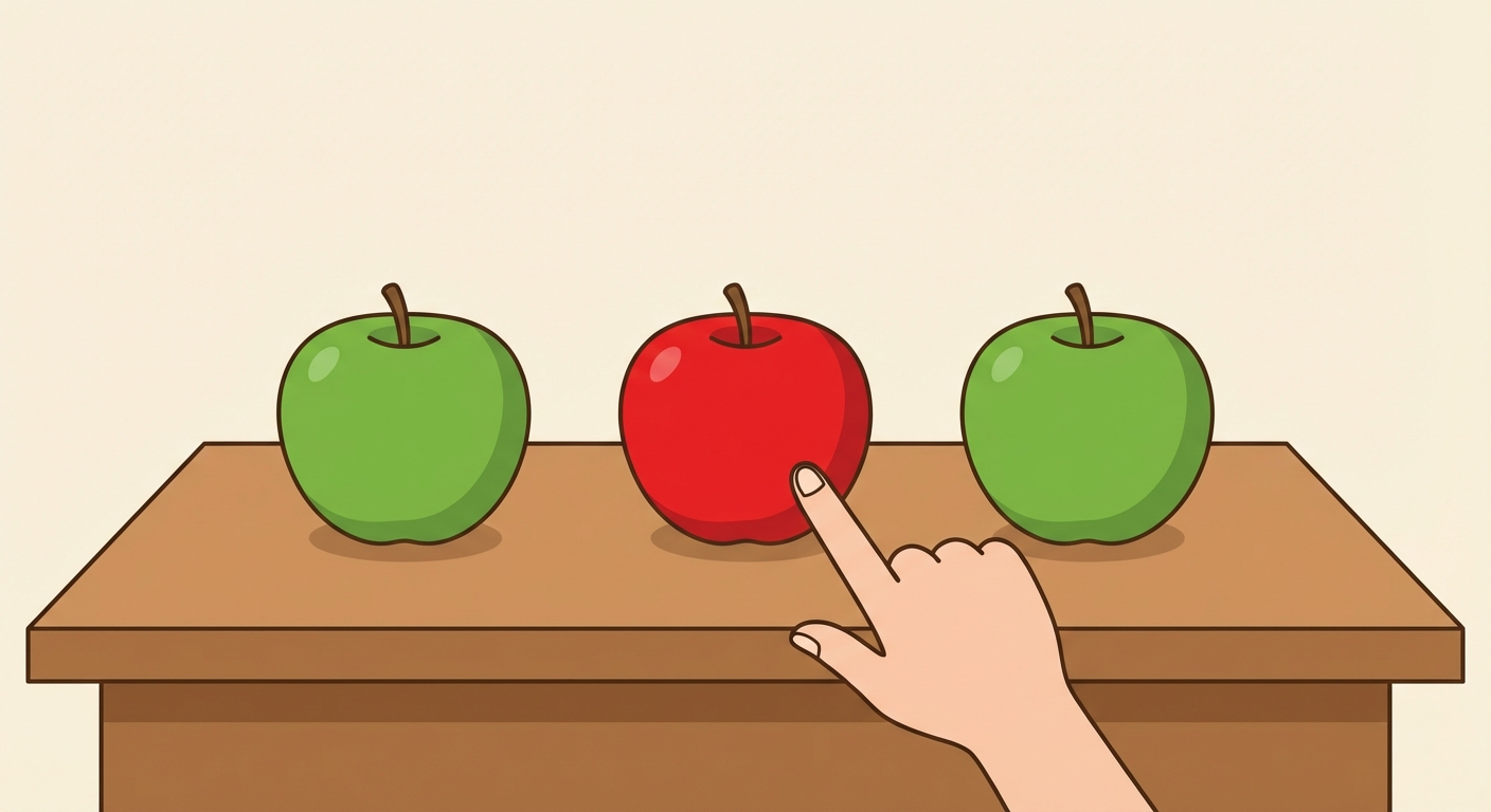 Dessin simple : Trois pommes alignées sur une table. Une main avec un index pointe spécifiquement la pomme du milieu. La pomme pointée est rouge vif, les deux autres sont vertes.
