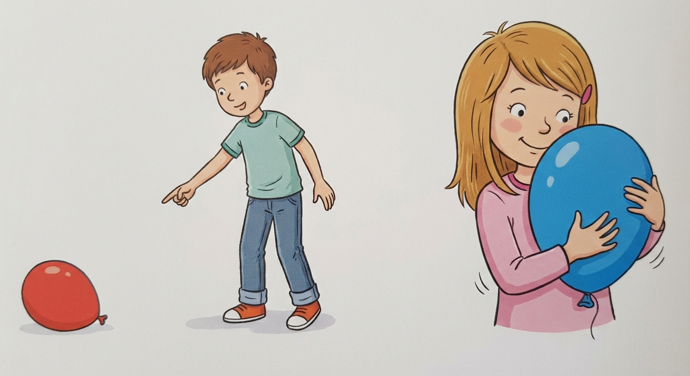 Illustration scindée en deux parties. À gauche, un garçon pointe son index vers un ballon rouge posé au sol un peu loin de lui. À droite, une fille serre fort un ballon bleu contre sa poitrine en souriant. Fond blanc simple.