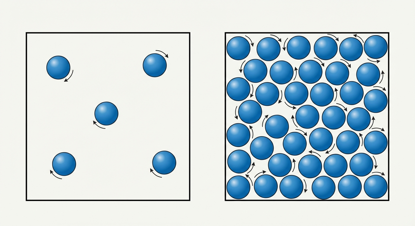 Schéma simple en deux parties. À gauche, un cadre contenant seulement 5 billes bleues espacées (basse concentration). À droite, un cadre de même taille contenant 30 billes bleues serrées (haute concentration). Des petites flèches de mouvement sont dessinées derrière chaque bille.