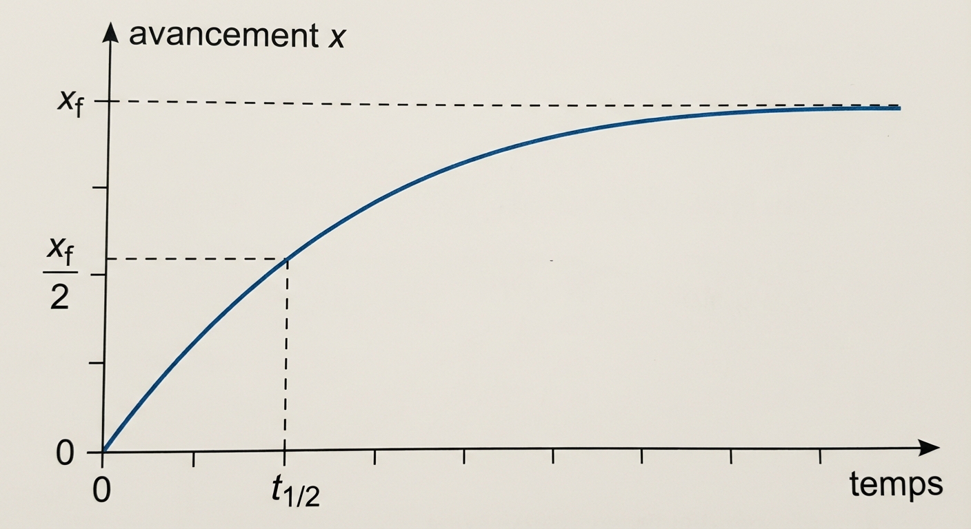Graphique temps (abscisse) vs avancement x (ordonnée). Une courbe bleue monte et s'aplanit vers une asymptote marquée 'xf'. Un trait pointillé part de l'ordonnée 'xf / 2', croise la courbe, et descend vers l'axe du temps marqué 't1/2'.
