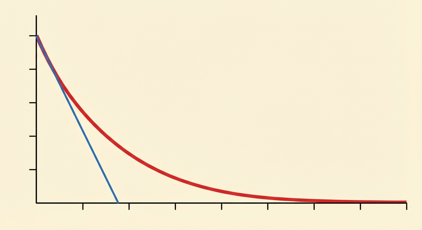 Un graphique 2D avec le temps en abscisse (axe horizontal) et la concentration en ordonnée (axe vertical). Une courbe rouge part d'une valeur haute et descend vers zéro. Une ligne droite bleue tangente la courbe rouge au tout début de la descente (pente forte).