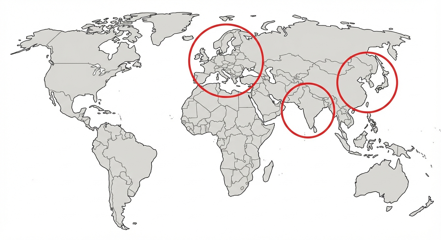 Planisphère scolaire simplifié à fond blanc. Trois cercles rouges entourent : 1. L'Europe, 2. L'Asie du Sud (Inde), 3. L'Asie de l'Est (Chine, Japon, Corée). Le reste est neutre.