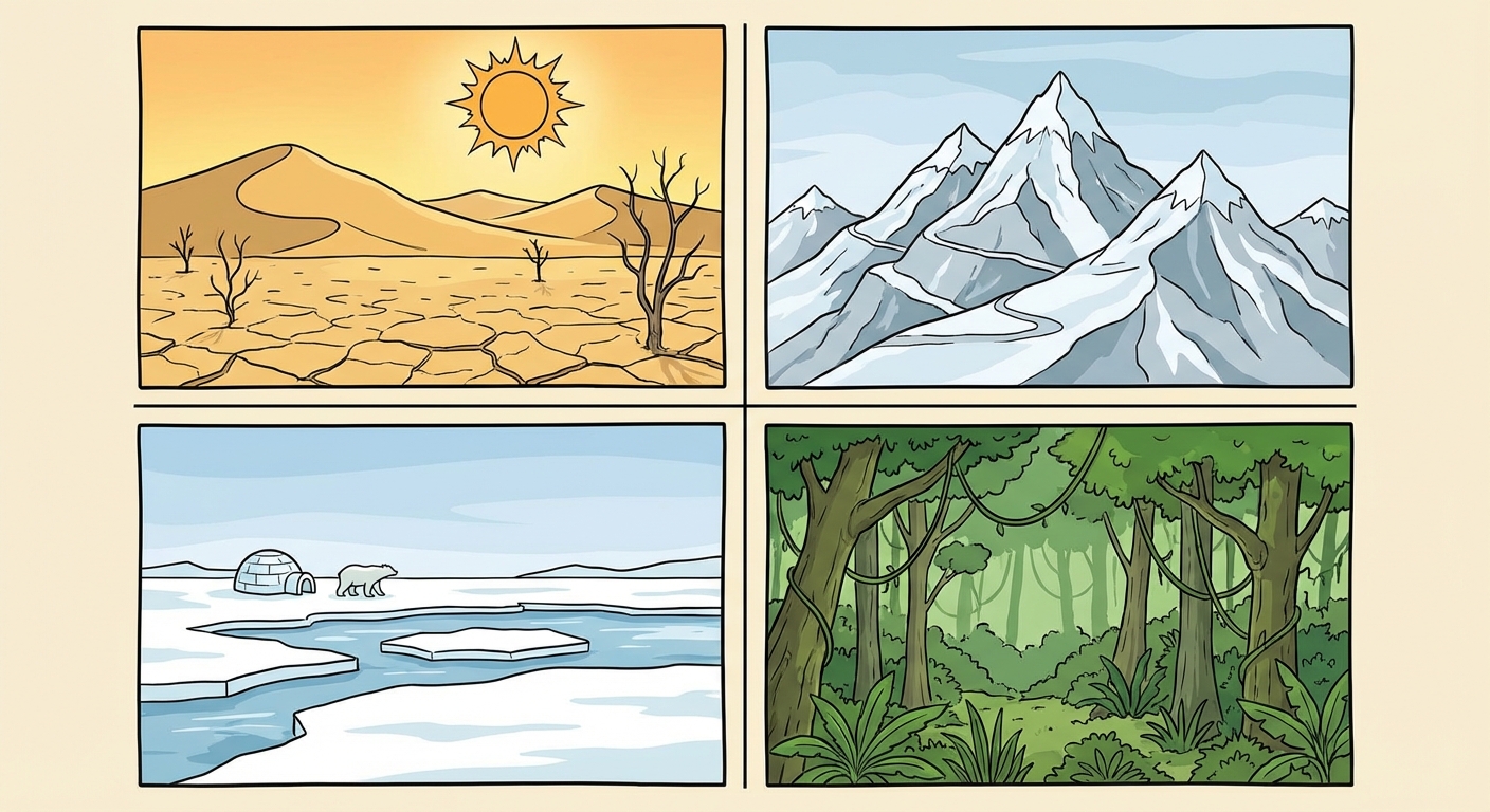 Dessin pédagogique divisé en 4 cases montrant les contraintes : un désert chaud (sécheresse), une haute montagne (pente/froid), une banquise (froid polaire), une forêt dense (végétation).