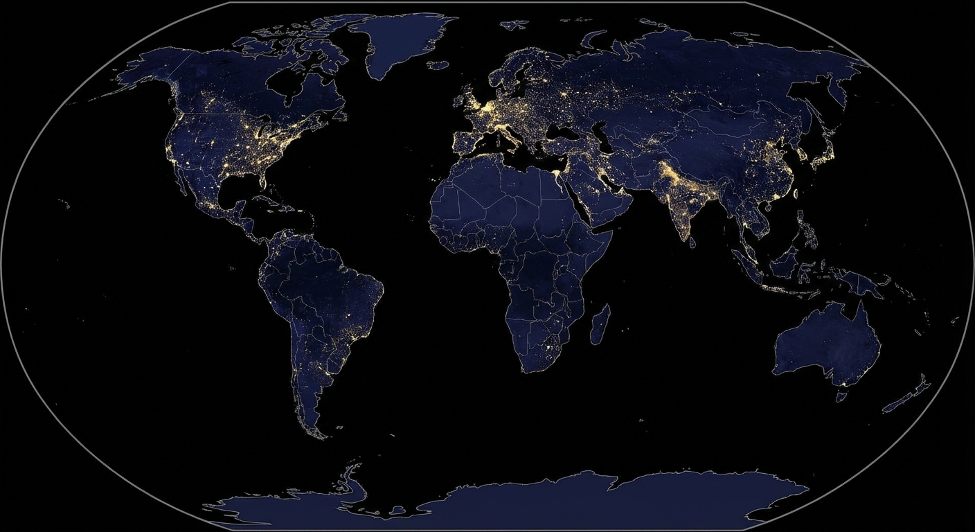Vue satellite de la Terre la nuit sur fond noir. Des lumières brillantes marquent l'Europe, l'Inde, la Chine et l'Est des USA. L'Afrique centrale, l'Amazonie, les océans et les pôles sont sombres.