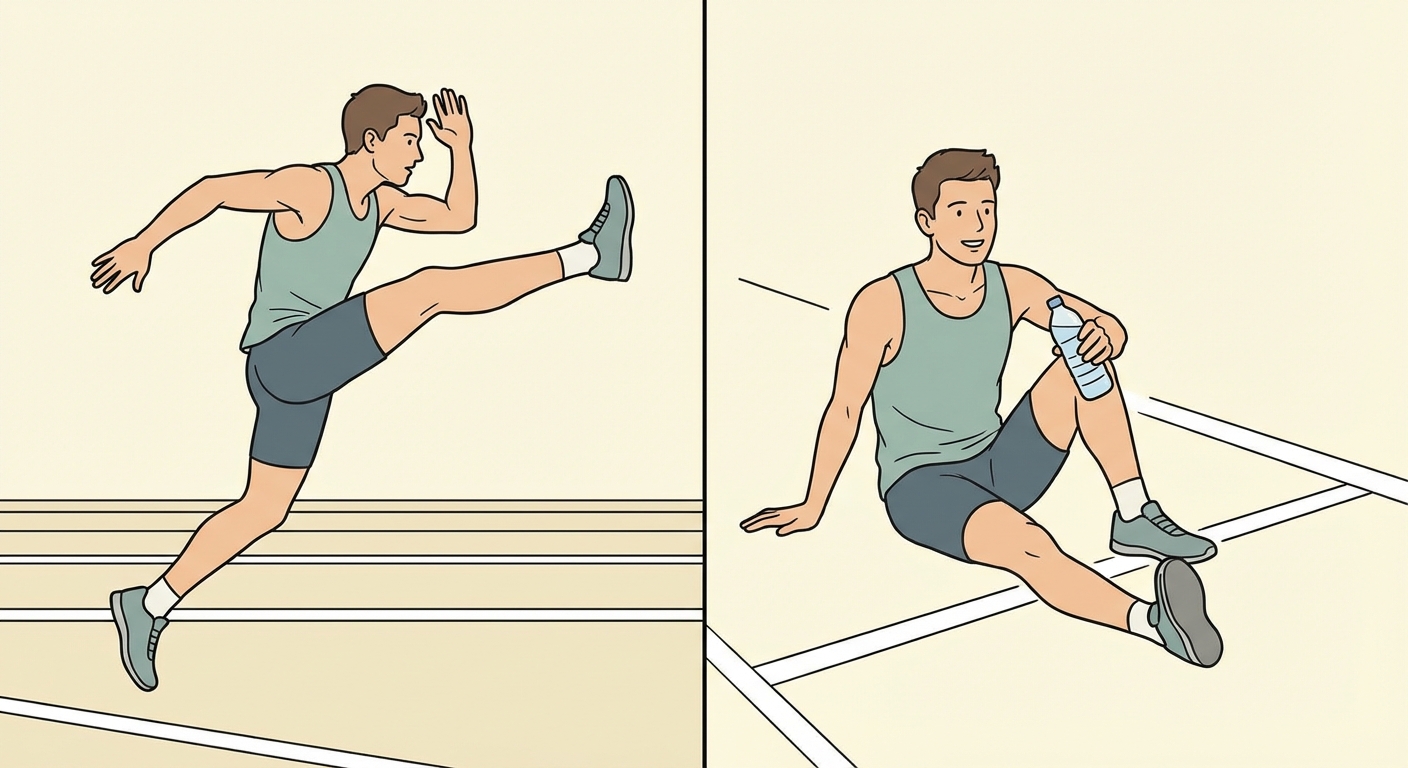 Illustration scindée en deux parties verticales. À gauche, un coureur est figé en plein mouvement, une jambe en l'air, en plein effort sur la piste. À droite, le même coureur est assis par terre après la ligne d'arrivée, une bouteille d'eau à la main, l'air reposé.