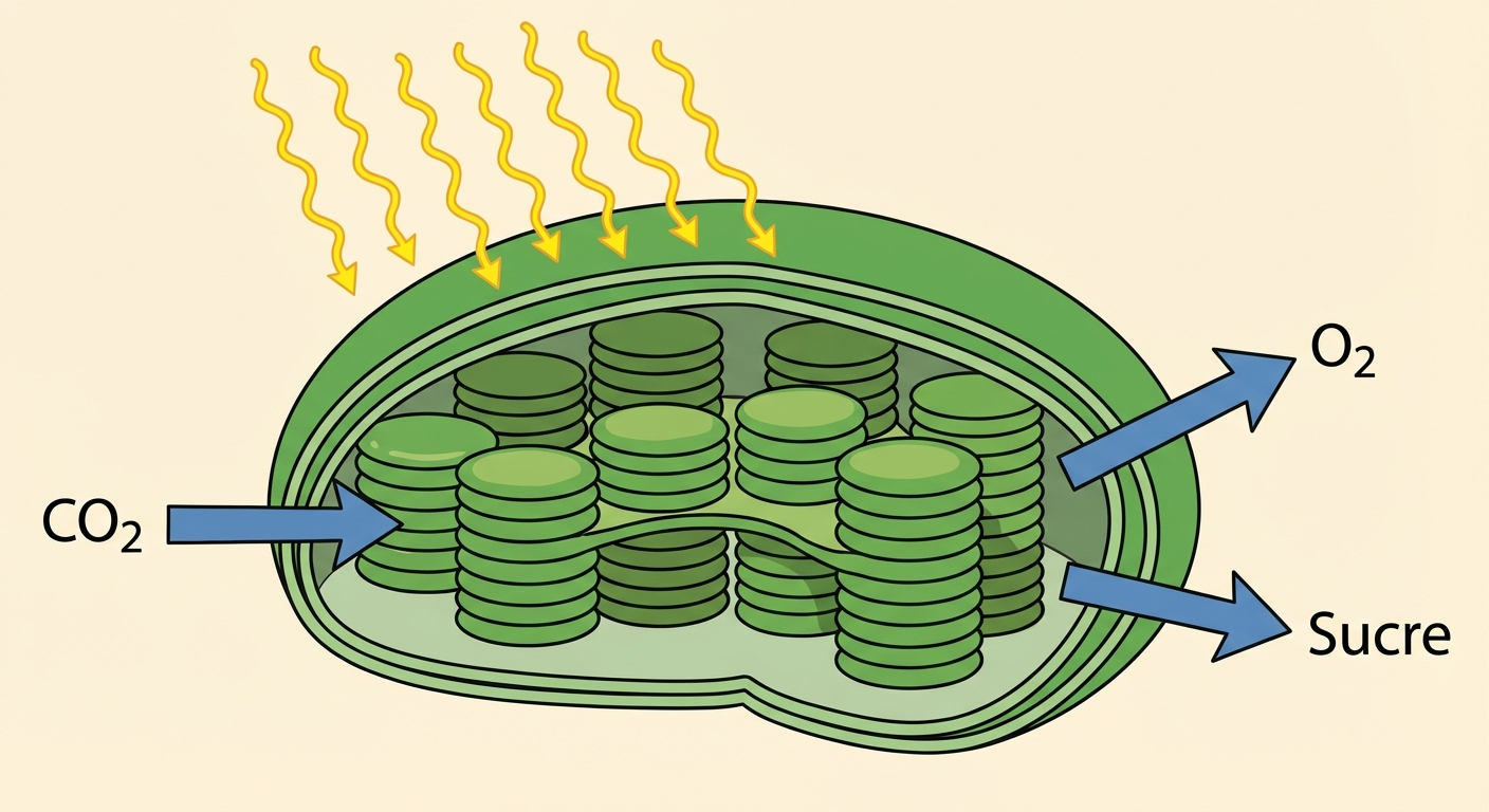 Dessin scientifique en coupe d'un chloroplaste. Forme ovale verte contenant des disques empilés (thylakoïdes). Rayons de soleil arrivant dessus. Flèche entrante : CO2. Flèche sortante : O2 et Sucre.