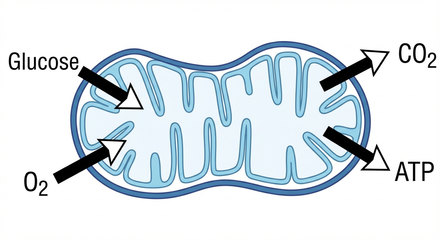 Dessin scientifique en coupe d'une mitochondrie. Forme de haricot avec une membrane interne repliée (crêtes). Flèches indiquant l'entrée de Glucose et O2, et la sortie de CO2 et ATP (énergie).
