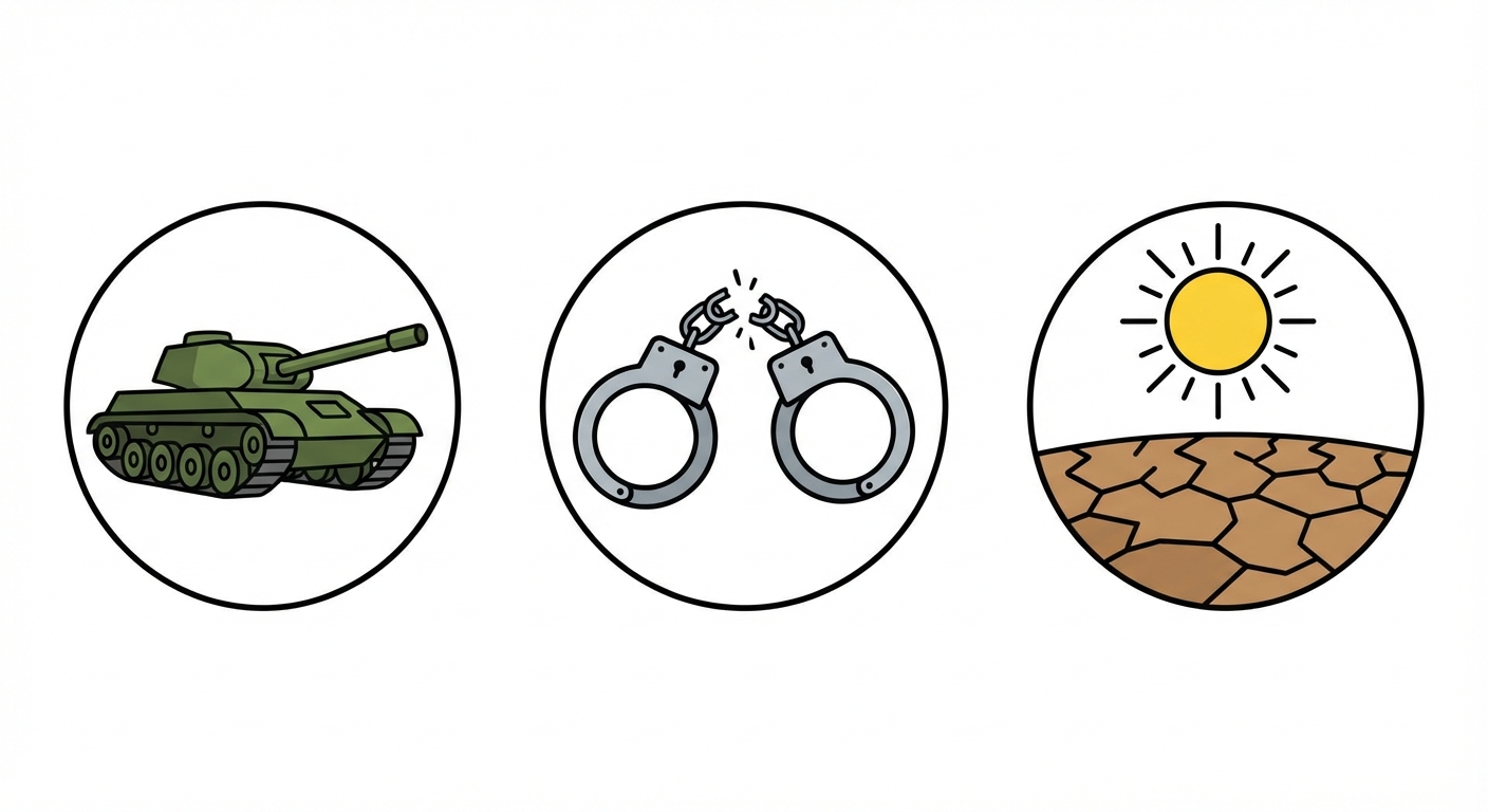 Trois icônes circulaires alignées horizontalement sur fond blanc. La première montre un char d'assaut (guerre). La deuxième montre des menottes brisées (persécution). La troisième montre une terre craquelée sous un soleil fort (climat).