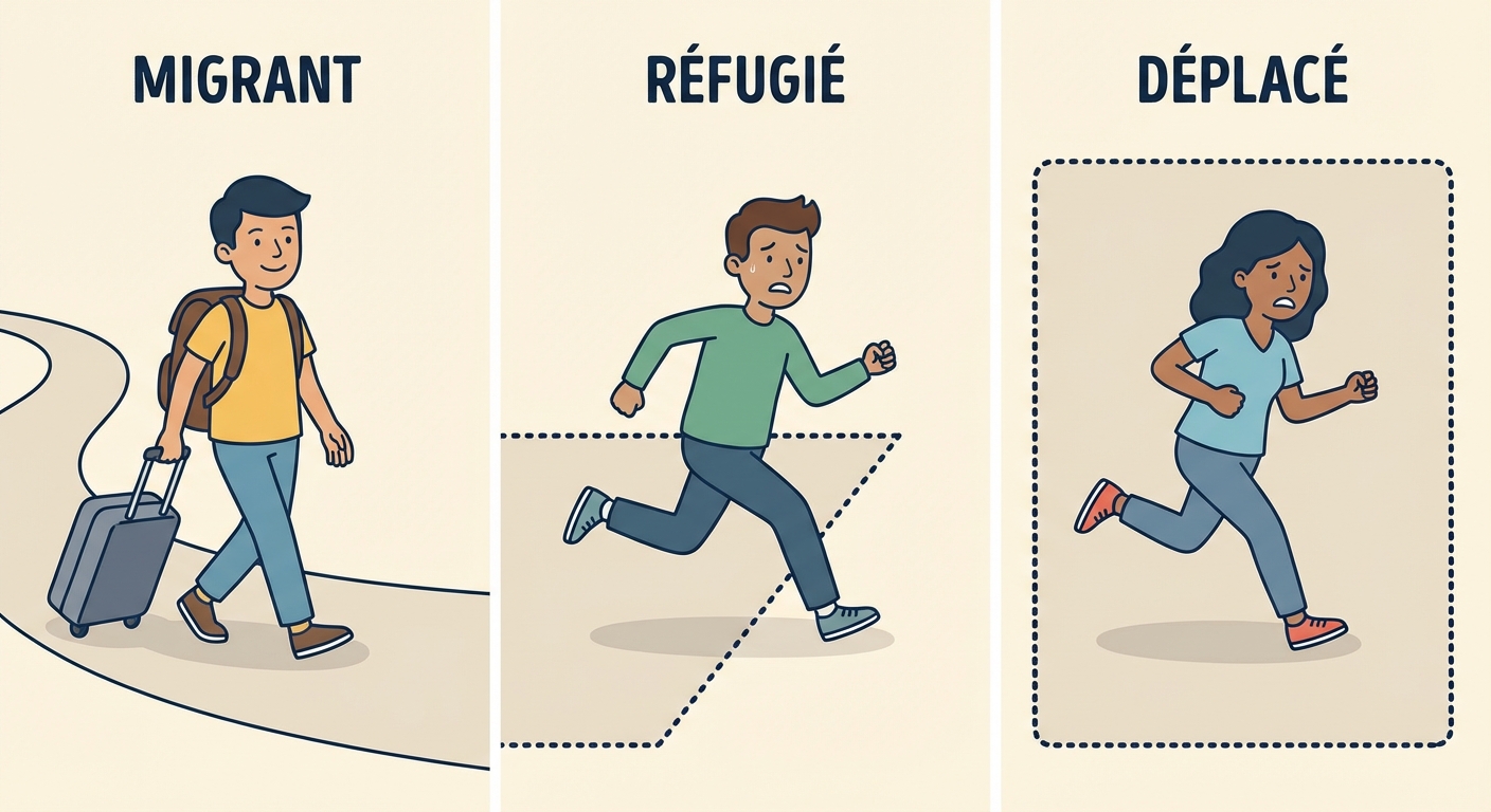 Infographie simple divisée en trois volets verticaux. 1) Migrant : personnage souriant avec valise (choix). 2) Réfugié : personnage fuyant qui traverse une ligne frontière (contrainte + extérieur). 3) Déplacé : personnage fuyant mais restant derrière la ligne frontière (contrainte + intérieur).