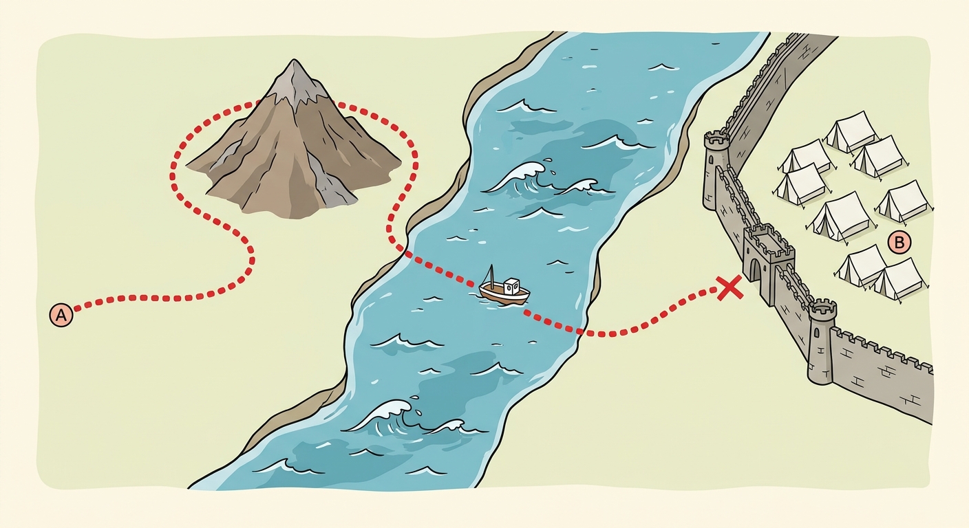 Carte simplifiée vue de dessus. Une ligne pointillée rouge part d'un point A, contourne une montagne, traverse une mer agitée (petit bateau), et s'arrête devant un mur (frontière), avant d'arriver à un campement de tentes blanches (point B).