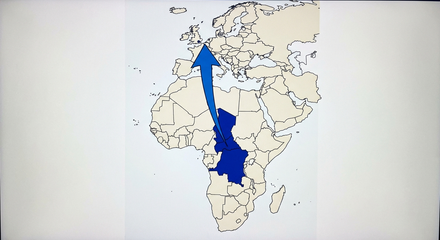 Une carte simplifiée montrant l'Europe et l'Afrique. Une grande flèche bleue part de l'Afrique centrale et pointe vers Londres au Royaume-Uni. Trois régions d'Afrique centrale sont coloriées en bleu foncé pur. Le fond de la carte est blanc cassé. Il n'y a aucun texte, aucune écriture ni aucun autre symbole sur l'image.