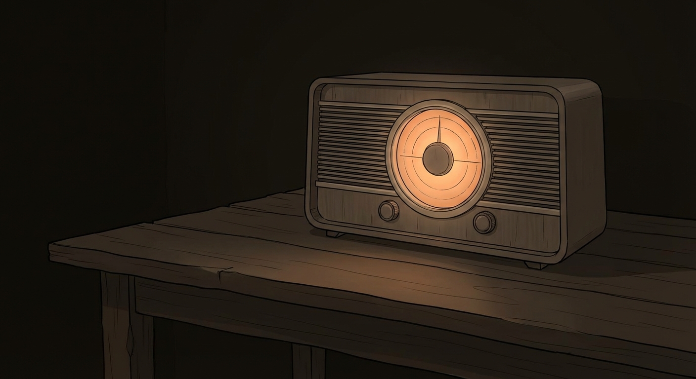 Un dessin d'un vieux poste de radio des années 1940 posé sur une table en bois rustique. Le cadran central est allumé d'une lumière chaude orange qui éclaire légèrement la pièce sombre. Aucun autre objet n'est présent sur l'image.