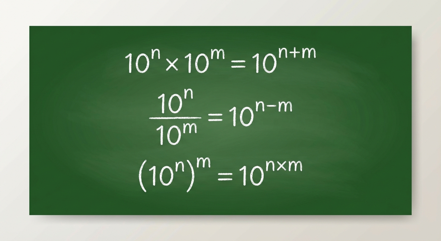 Image type fiche de révision sur fond ardoise verte. Trois lignes écrites à la craie blanche bien lisible. Ligne 1 : '10^n × 10^m = 10^(n+m)'. Ligne 2 : '10^n / 10^m = 10^(n-m)'. Ligne 3 : '(10^n)^m = 10^(n×m)'.