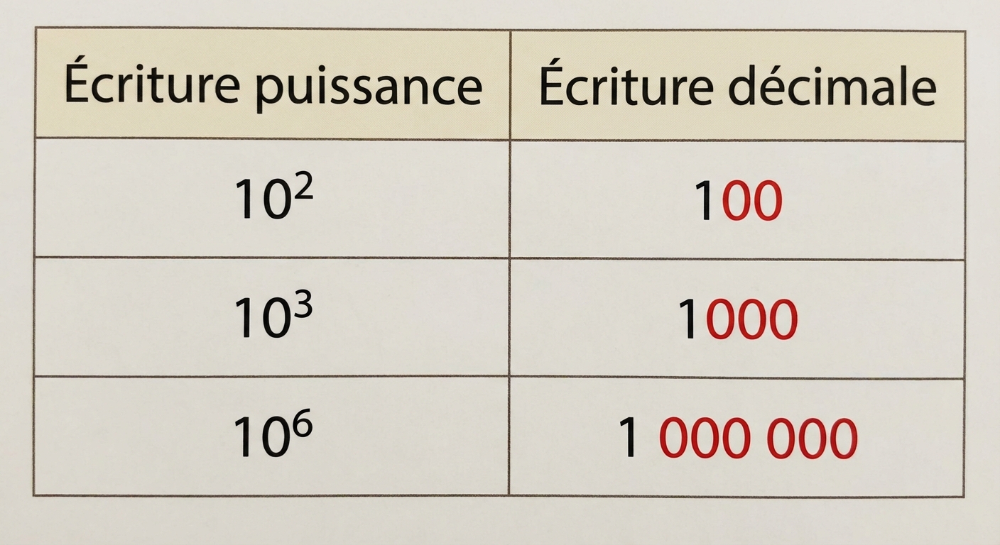 Tableau simple à deux colonnes sur fond blanc. Colonne de gauche titre 'Écriture puissance', colonne de droite 'Écriture décimale'. Ligne 1 : '10^2' et '100'. Ligne 2 : '10^3' et '1000'. Ligne 3 : '10^6' et '1 000 000'. Les zéros sont coloriés en rouge pour bien les compter.
