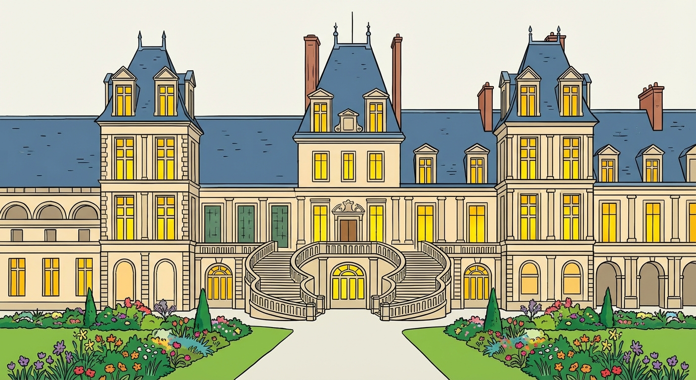 Dessin clair et coloré du château de Fontainebleau vu de face, avec son célèbre grand escalier en forme de fer à cheval au centre. Le bâtiment possède de très grandes fenêtres rectangulaires lumineuses, des toits pointus en ardoise bleue, et est entouré d'un beau jardin vert avec des fleurs de toutes les couleurs.