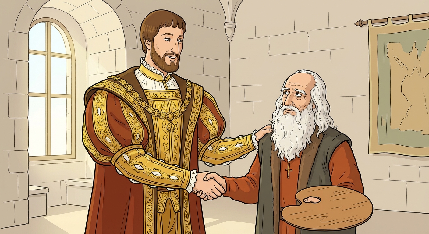 Dessin de style livre pour enfants illustrant François Ier, un homme très grand avec une courte barbe brune et des vêtements richement décorés d'or. Il serre chaleureusement la main de Léonard de Vinci, un homme plus âgé avec une longue barbe blanche, qui tient une grande palette de peinture en bois. Le fond est une pièce lumineuse de château.