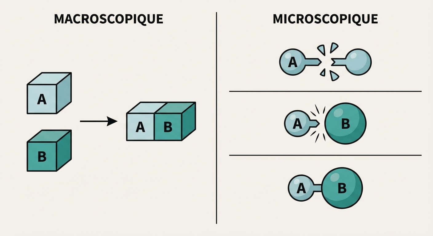 Schéma pédagogique divisé en deux. À gauche (MACROSCOPIQUE) : Réactifs A + B -> Produit AB. À droite (MICROSCOPIQUE) : Étape 1 (A se brise), Étape 2 (un morceau de A heurte B), Étape 3 (Formation de AB). Style épuré et vectoriel.