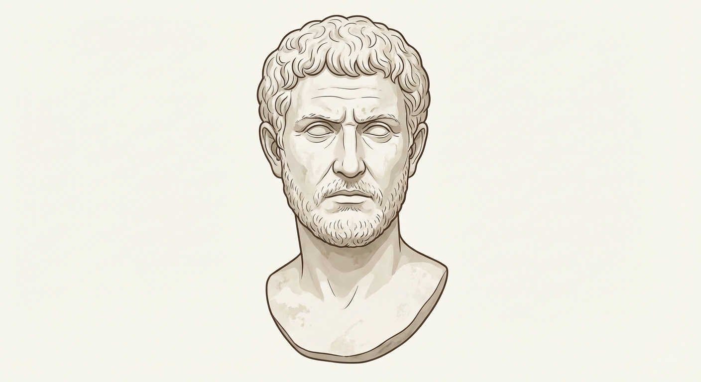 Buste en pierre blanche style antique représentant la tête et les épaules d'un homme romain (l'empereur Caracalla). Il a des cheveux courts et bouclés, une barbe courte et une expression du visage sérieuse.
