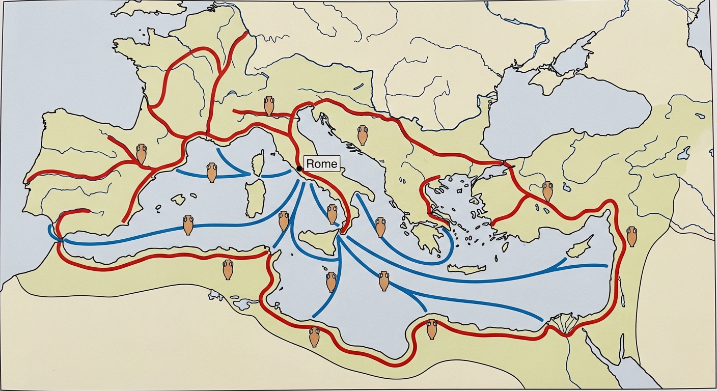 Carte simplifiée du bassin méditerranéen. Des lignes rouges représentent les routes terrestres et des lignes bleues les routes maritimes qui partent toutes de Rome vers les provinces. Des petits symboles d'amphores sont dessinés sur les routes.