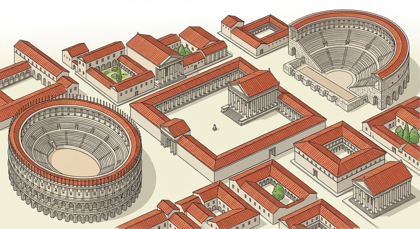 Dessin en vue aérienne d'une ville antique romaine. Au centre une place carrée (forum) avec un temple à colonnes. À droite, un demi-cercle en pierre (théâtre). À gauche, un grand bâtiment ovale (amphithéâtre). Des toits en tuiles rouges.