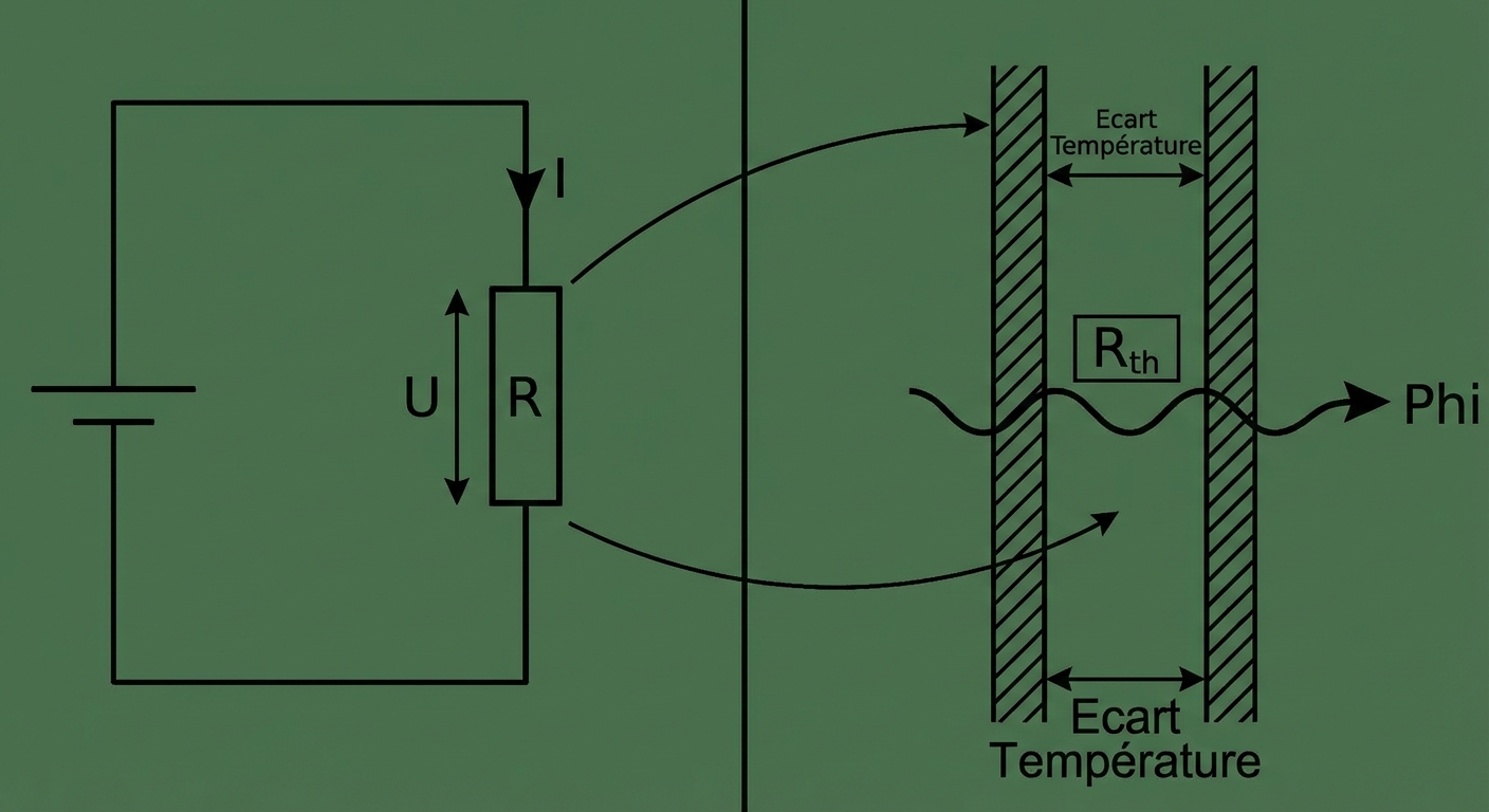Image divisée en deux. Gauche : circuit électrique avec résistance R et courant I. Droite : mur en coupe avec résistance R_th et flux Phi. Correspondances affichées : U <-> Ecart Température, I <-> Flux, R <-> R_th.