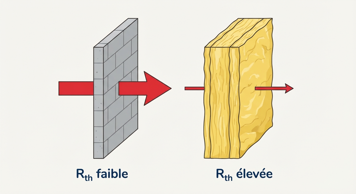Deux murs côte à côte. Mur A (béton, fin) traversé par une grosse flèche rouge. Mur B (laine de verre, épais) traversé par une flèche rouge très fine. Indiquer 'Rth faible' sous le béton et 'Rth élevée' sous l'isolant.