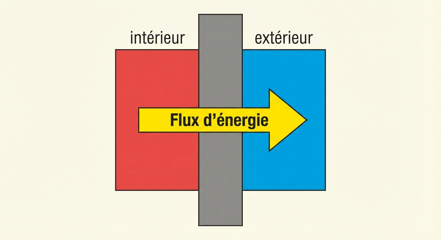 Schéma simple en coupe d'un mur vertical gris. À gauche, une zone rouge (intérieur 20°C). À droite, une zone bleue (extérieur 0°C). Une grosse flèche jaune traverse le mur de la gauche (chaud) vers la droite (froid) étiquetée 'Flux d'énergie'.